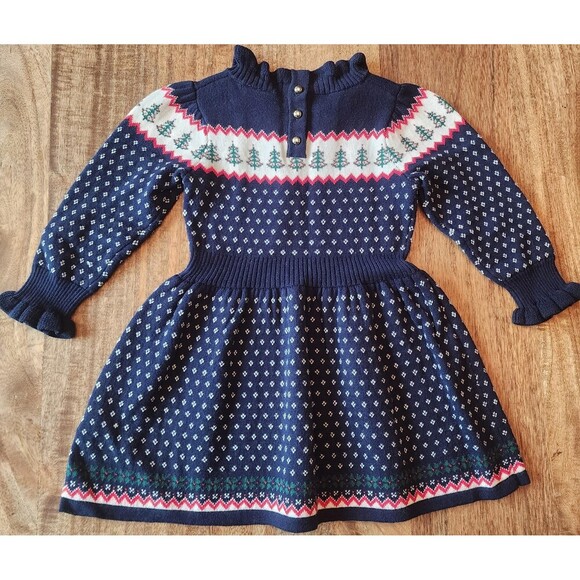 Janie and Jack Other - Janie And Jack Dress Girls 18-24 Months Blue Sweater Fair Isle Trees Winter Knit